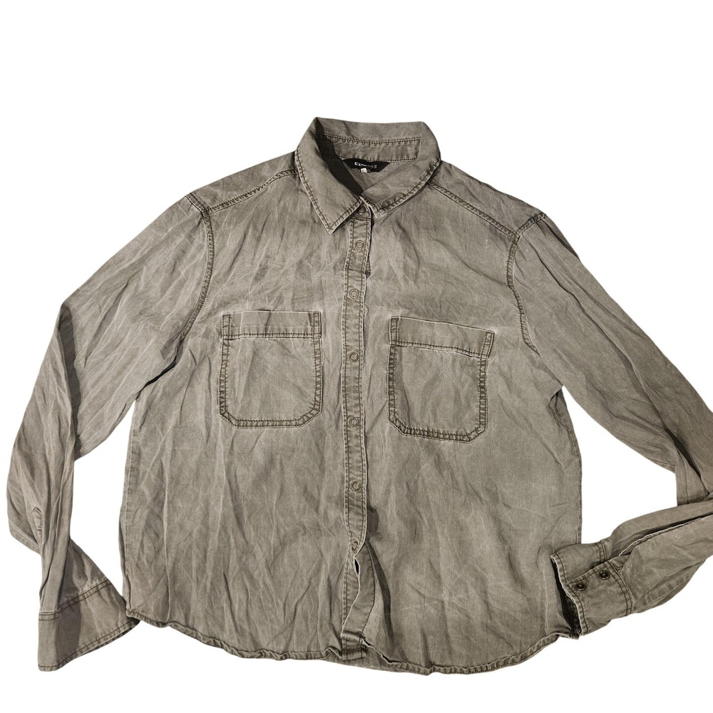 Express Shirt Womens Medium Green Button Up Long Sleeve Utility Casual Top